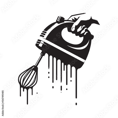 Abstract black and white illustration of a hand mixer with spray paint drips