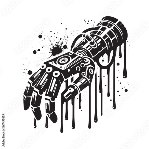 Abstract mechanical arm with grunge drips in monochrome silhouette style