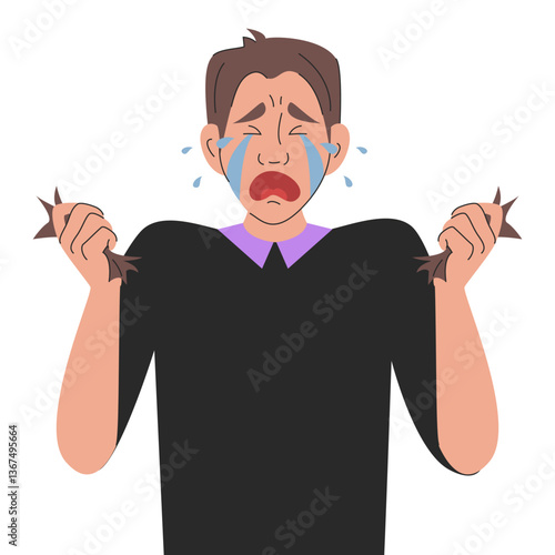 Man suffering from alopecia vector isolated. Person holding fallen hair in hands and crying. Medical problem. Hair loss, young adult with health problems.