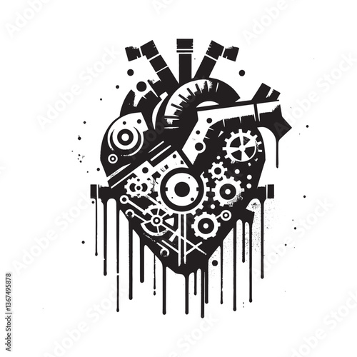 Biomechanical heart illustration with dripping spray paint and grunge effect