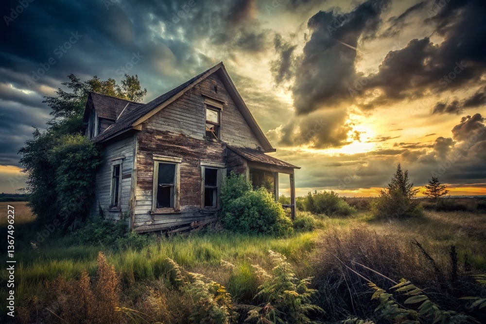 Desolate Landscape After Burglary: Empty House, Broken Window, Overgrown Yard Desolate Landscape After Burglary: Empty House, Broken Window, Overgrown Yard