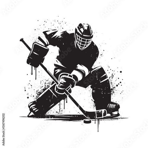Dynamic Ice Hockey Goalie Illustration with Grunge Splatter Texture Effect