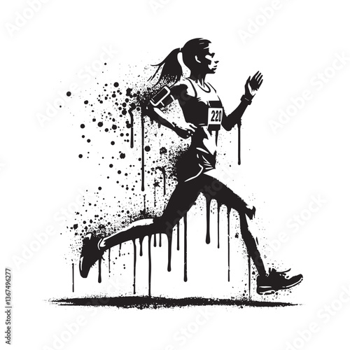 Dynamic monochrome stencil of a female marathon runner in abstract motion