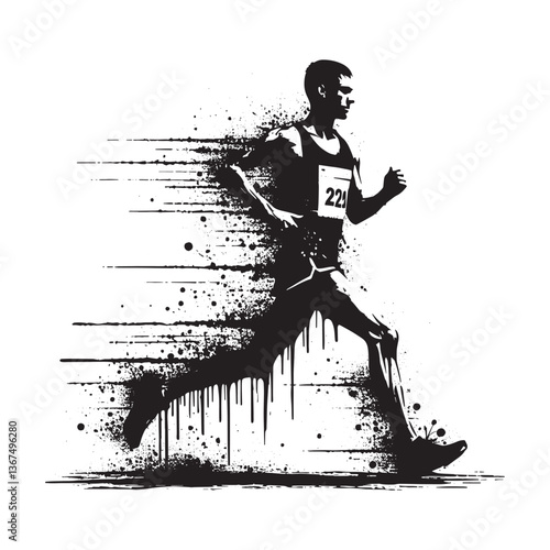 Dynamic Marathon Runner Illustration in Grunge Stencil Style, Spray Paint Effect