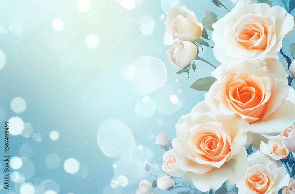 Peach and White Rose Bouquet on Blue Background Peach and White Rose Bouquet on Blue Background
