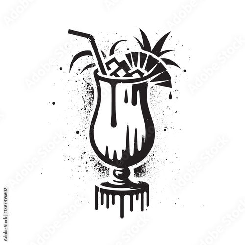 Grunge stencil style pina colada illustration with dripping effect on white