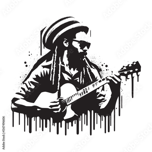 Grunge Style Reggae Musician Illustration with Guitar and Dreadlocks in Black and White