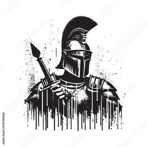 Grunge Vector Art Depicting Armored Warrior with Dripping Paint Effect