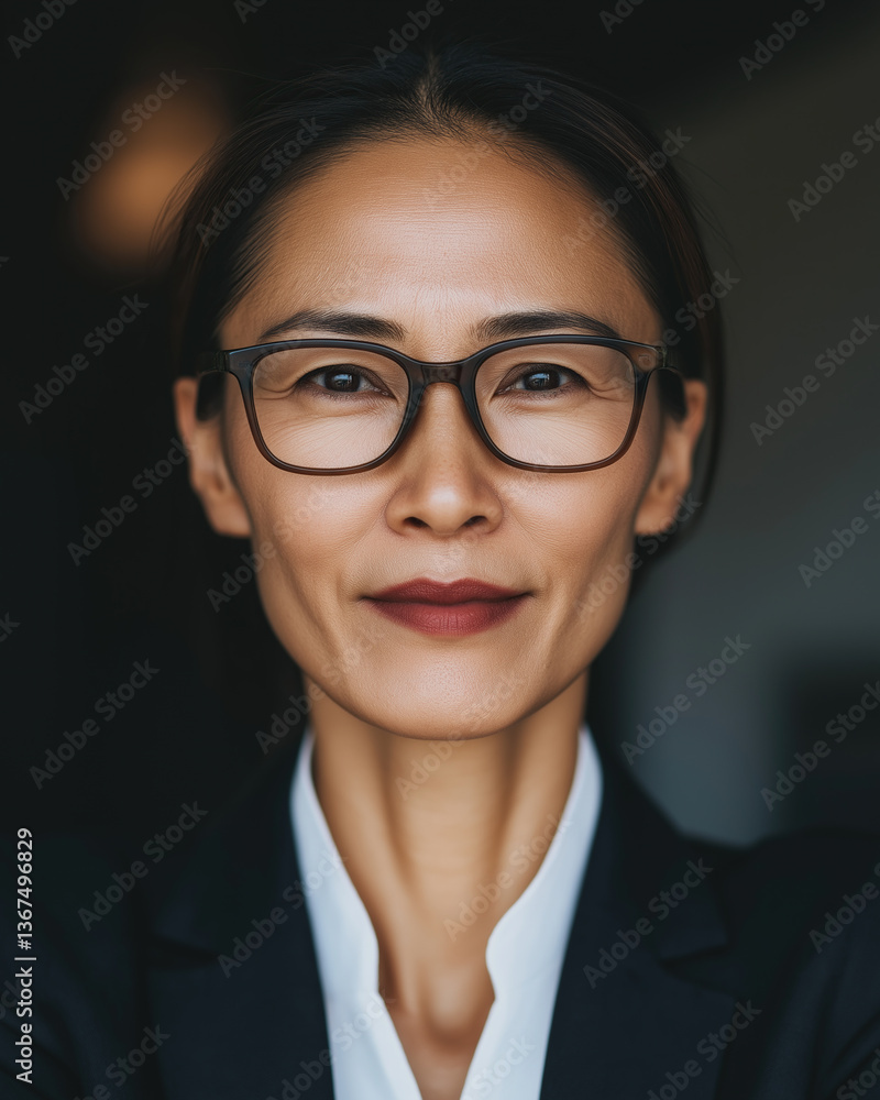 Professional Asian businesswoman wearing glasses with serious expression Professional Asian businesswoman wearing glasses with serious expression