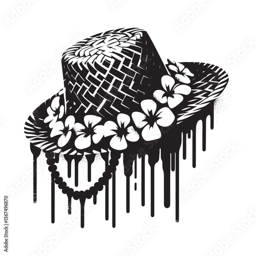 Hawaii straw hat with flower lei dripping stencil design, vector illustration