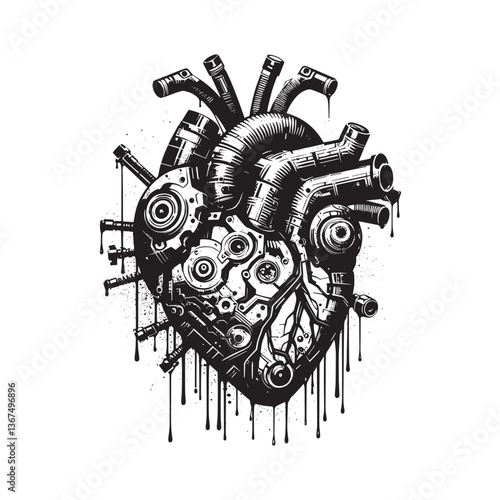 Intricate Biomechanical Heart Illustration with Grungy Details and Splatter Effects
