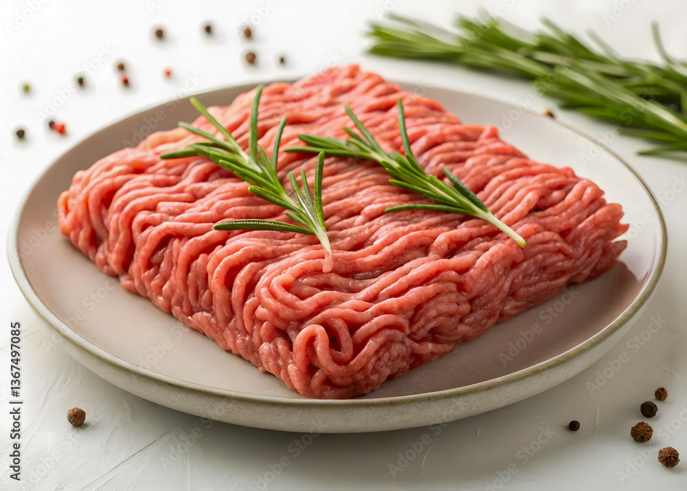 Fresh Ground Beef with Rosemary on a Plate Fresh Ground Beef with Rosemary on a Plate