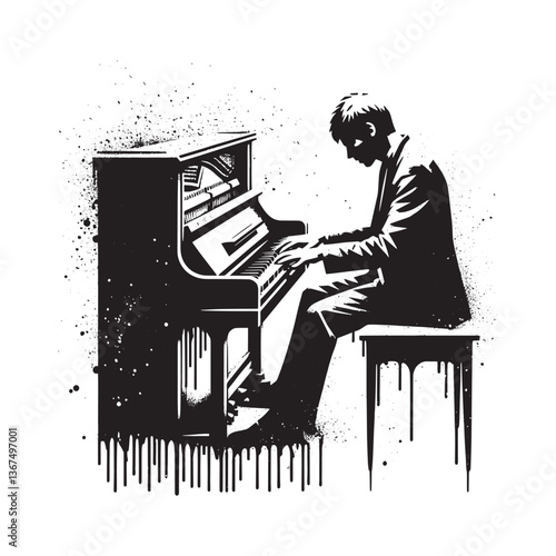 Monochromatic composition of a pianist captured with dripping spray effects