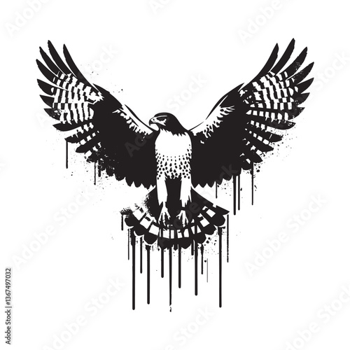Majestic Hawk Spreading Wings in Grunge Stencil Style with Dripping Paint