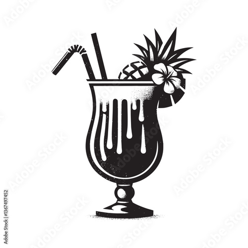 Monochrome Piña Colada Illustration with Dripping Effect and Decorative Garnish