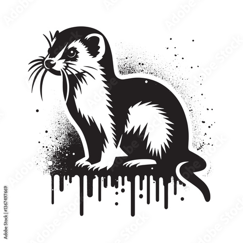Monochrome Weasel Illustration with Stencil Effect and Abstract Spray Details