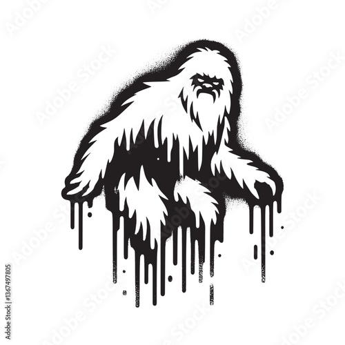 Monochrome Yeti stencil art with dripping paint effect and grunge texture