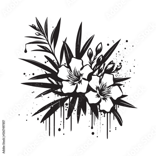 Oleander blooms in grunge stencil artwork with a modern, edgy design aesthetic