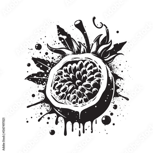Passion fruit vector illustration with dripping spray effect for background