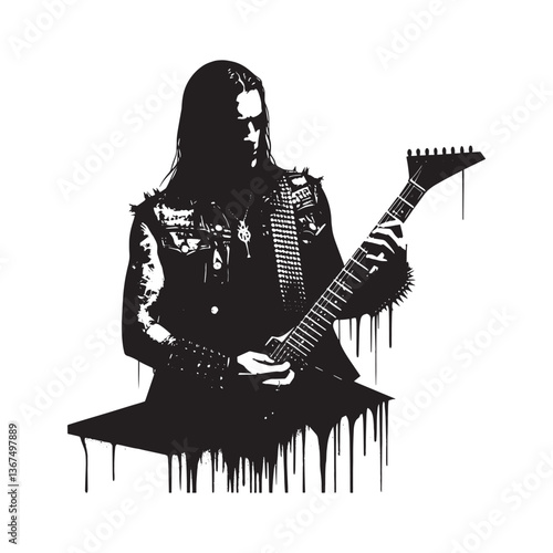 Monochrome stencil art portraying a black metal guitarist in action, dripping style