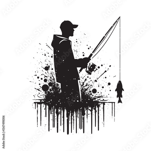 Silhouette fisherman catching fish with rod in grunge spray paint design