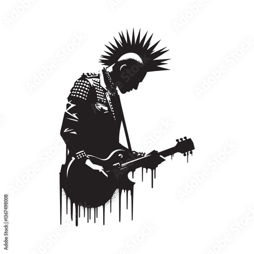 Punk Rock Guitarist Silhouette with Spray Paint Drip Effects and Bold Style