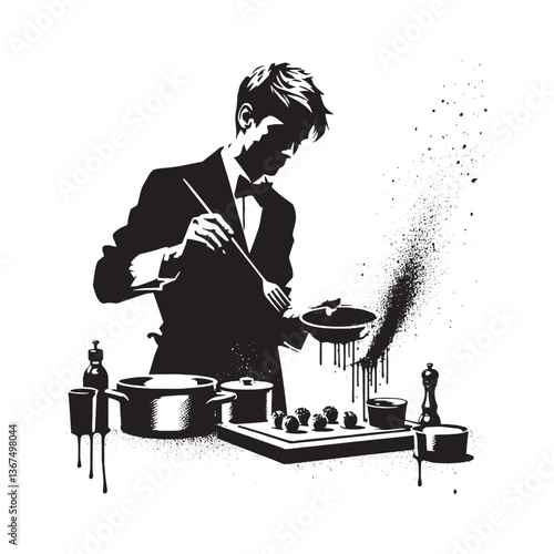 Sophisticated chef preparing food in stencil style with grunge black drops