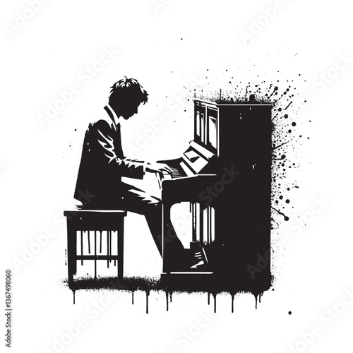 Silhouette of a musician immersed in piano artistry with grunge style elements