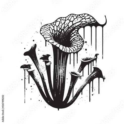 Stylized carnivorous plants illustration with drippings and grunge texture