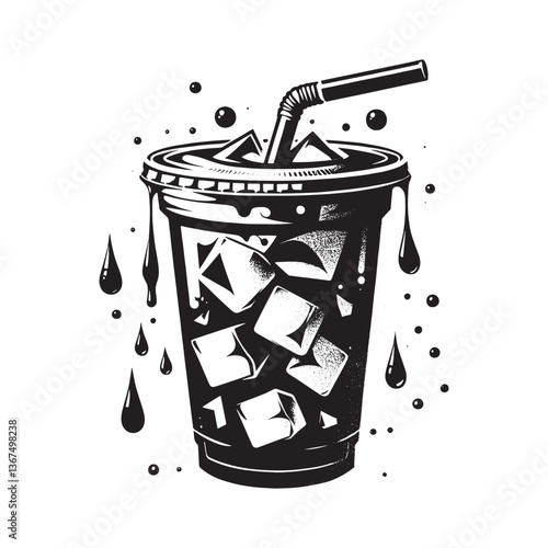 Stylized black and white illustration of an iced drink with grunge textures