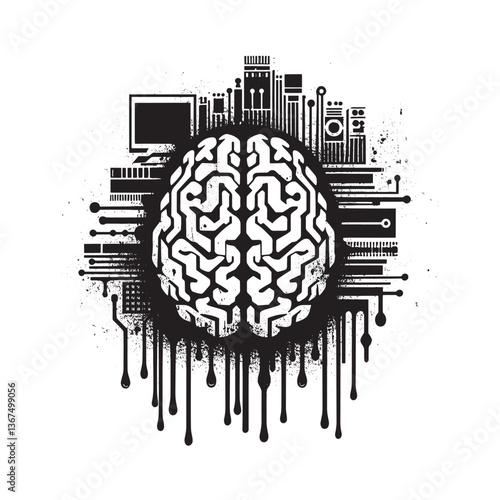 Abstract Brain-Computer Interface Concept with Grunge Texture and Dripping Effect