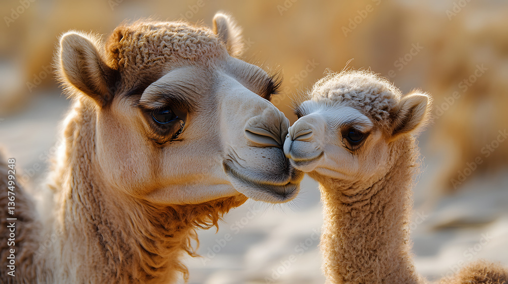 Obraz premium Two baby camels are standing close to each other, with their noses touching