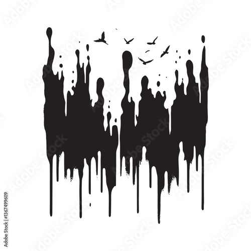 Birds in flight over dark paint splatter texture creating an artistic pattern