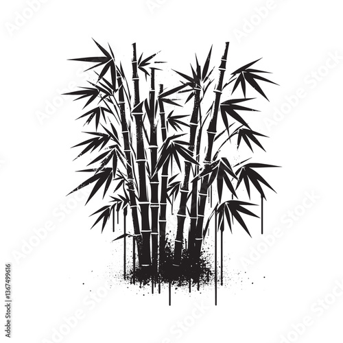 Bamboo Grove in Gritty Stencil Art Style with Dripping Ink and Grunge Texture