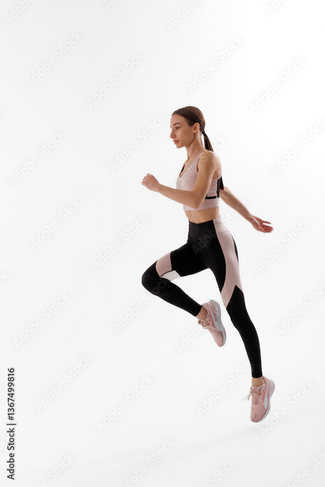 Runner in athletic wear performs dynamic leap during workout session in a bright indoor space Runner in athletic wear performs dynamic leap during workout session in a bright indoor space