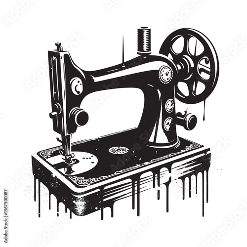 Distressed Vintage Sewing Machine Illustration with Grunge Drips in Stencil Style