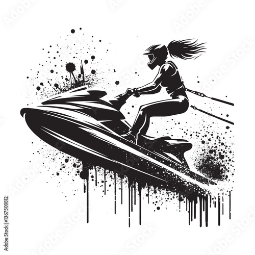Dynamic Jetskiing Illustration of a Female Athlete in Motion with Grunge Elements