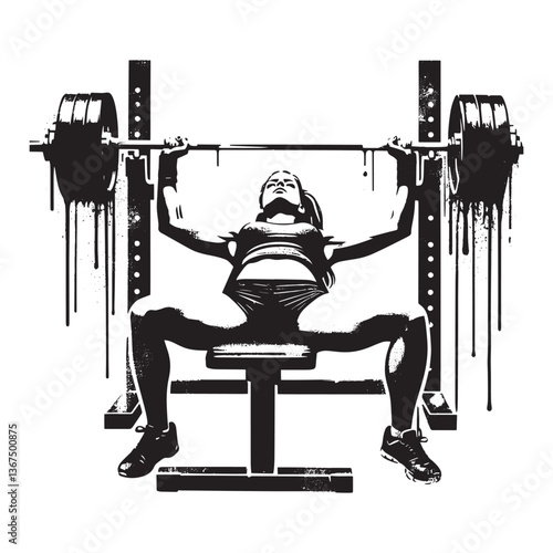 Gritty bench press artwork featuring a determined female weightlifter in training