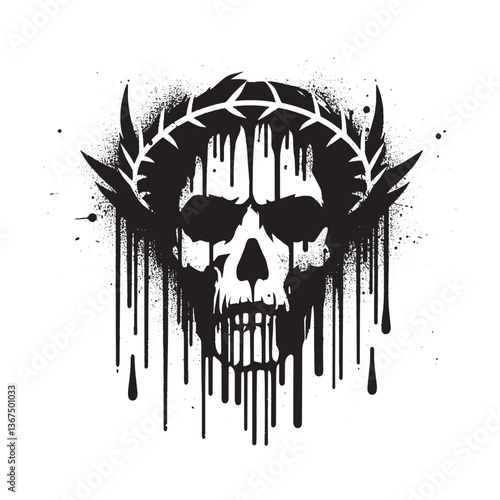 Grunge stencil art of a skeletal skull with dripping paint and thorny crown