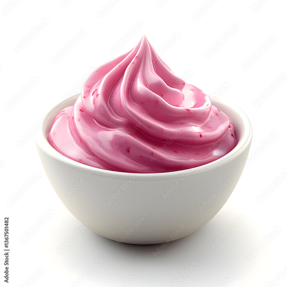 Bowl of pink cream dessert filling on white background Bowl of pink cream dessert filling on white background