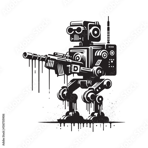 Grungy Mechanical Toy Soldier Illustration in Black and White Stencil Style
