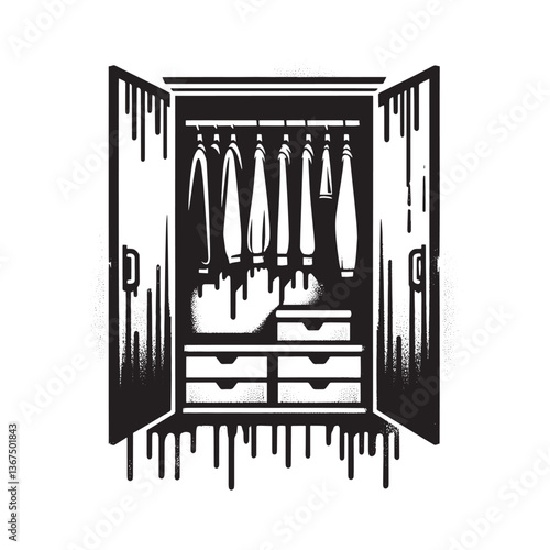 Monochromatic Closet Illustration in Stencil Style with Dripping Ink Effect