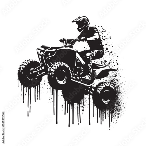 Monochrome depiction of an ATV rider in a grunge stencil style racing