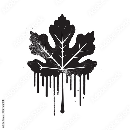 Monochrome fig leaf with drippings vector stencil design with grunge effect