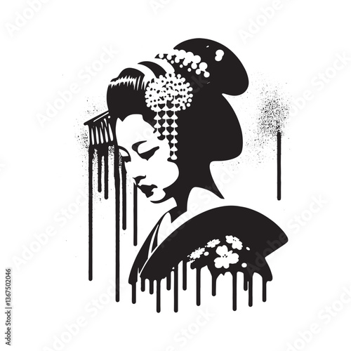 Monochrome geisha artwork with dripping paint and textured stencil design