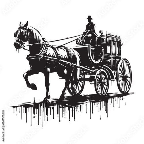 Monochrome horse-drawn carriage illustration in a contemporary stencil style