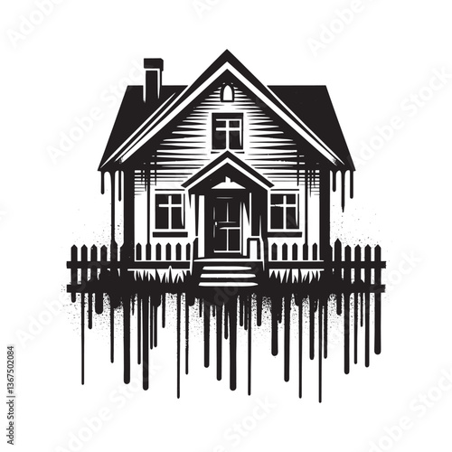Monochrome House Silhouette with Spray Paint Drip Effect and Decorative Fence Line