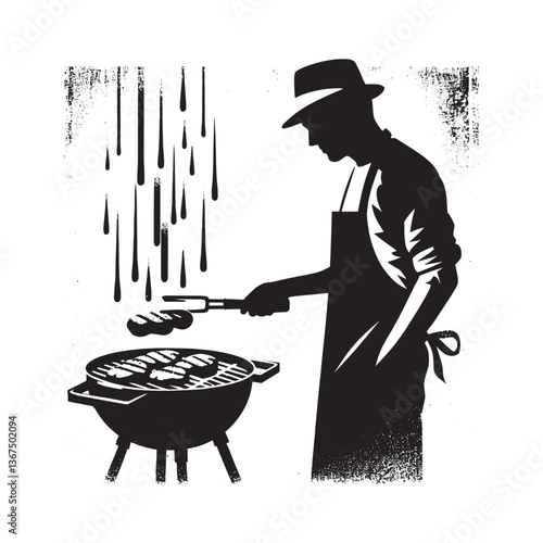 Monochrome illustration of a man grilling food outdoors with grunge style elements