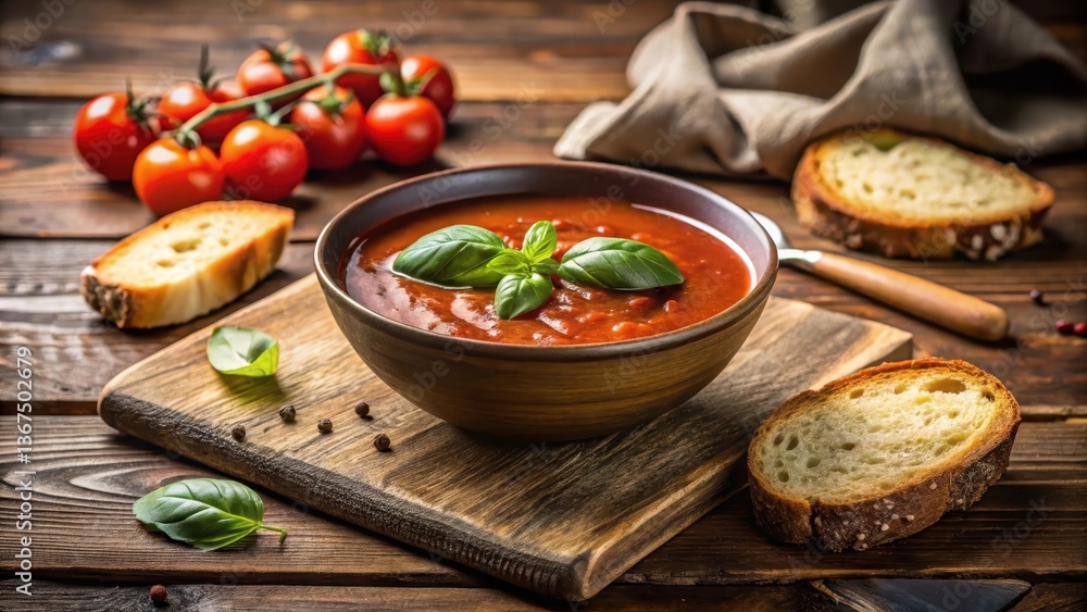Aromatic tomato soup, garnished with fresh basil, served with crusty bread slices on a rustic wooden board Aromatic tomato soup, garnished with fresh basil, served with crusty bread slices on a rustic wooden board