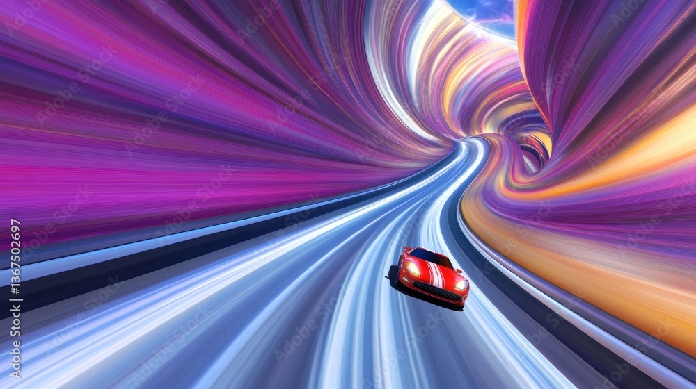 Red Car Speeding Through Colorful Tunnel Red Car Speeding Through Colorful Tunnel